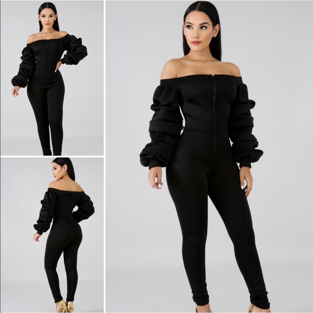 Puffed Sleeves Black Jumpsuit